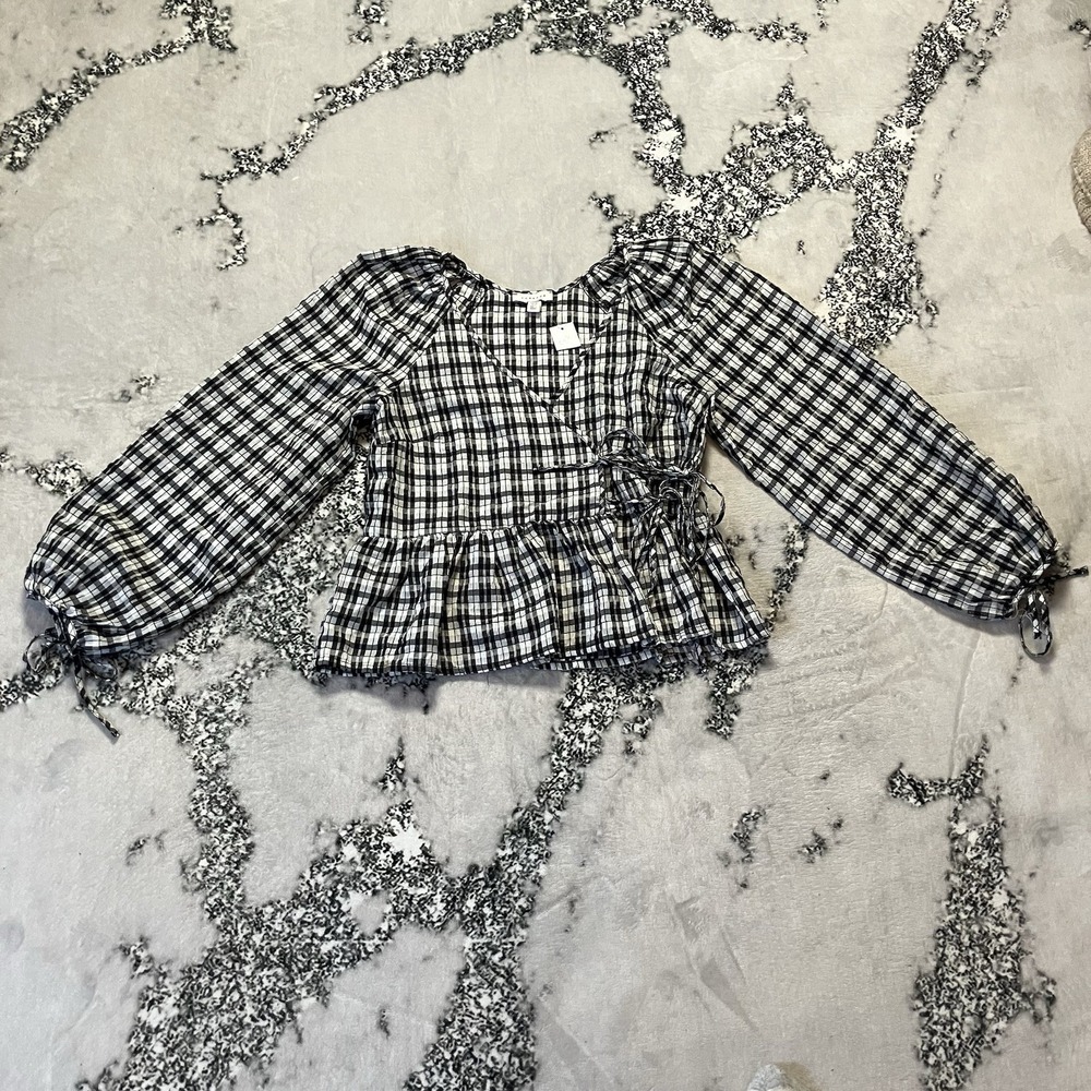 Topshop Top Womens Size 4 Textured Plaid Tie Side Peplum Blouse Office